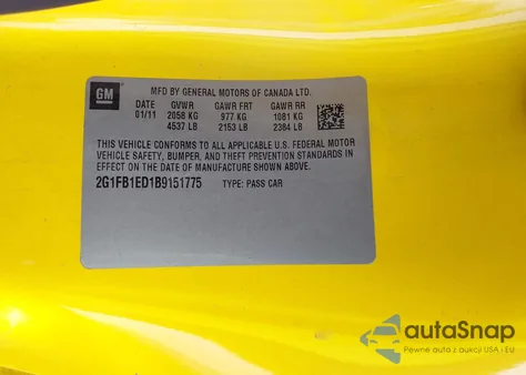 2011 Chevrolet Camaro 1Lt from USA, damaged, VIN 2G1FB1ED1B9151775